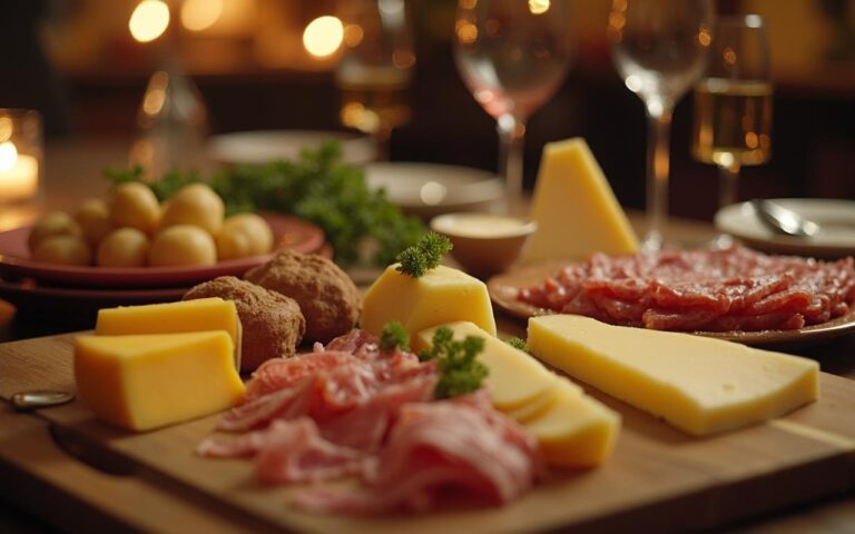 Table conviviale pour une soirée raclette avec fromage, charcuterie et pommes de terre.
