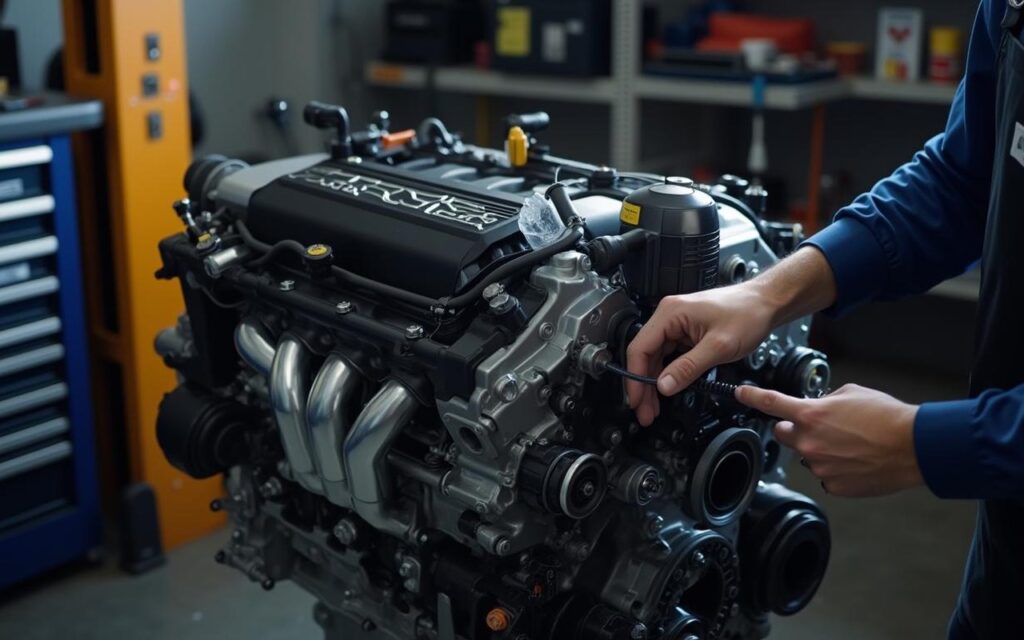 Entretien d'un moteur 1.2 PureTech 130 dans un garage, soulignant l'importance de la maintenance.