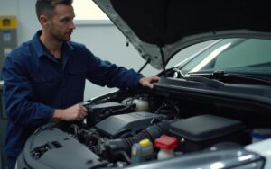 Mécanicien effectuant une vidange sur un moteur 1.6 HDi 90 dans un garage