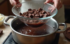 Bol en verre avec chocolat fondant au bain-marie, technique de pâtisserie.