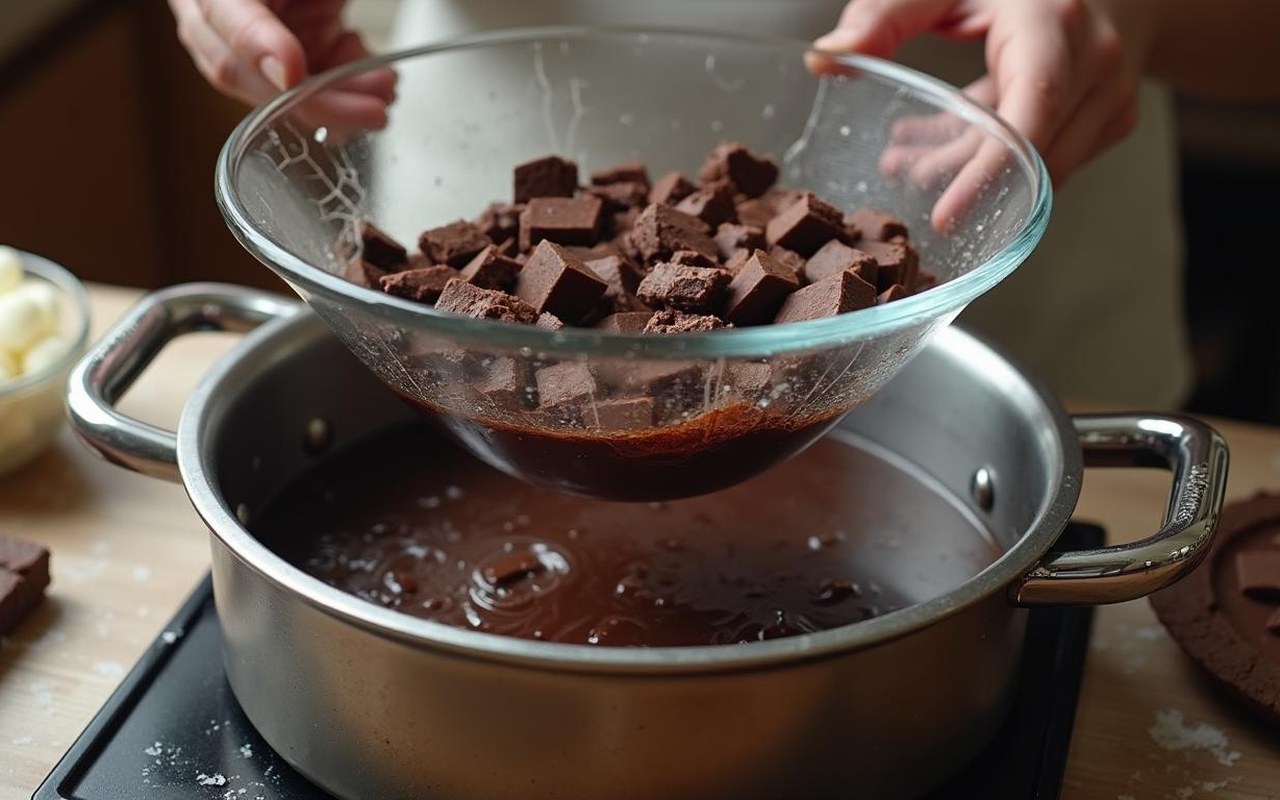 Bol en verre avec chocolat fondant au bain-marie, technique de pâtisserie.