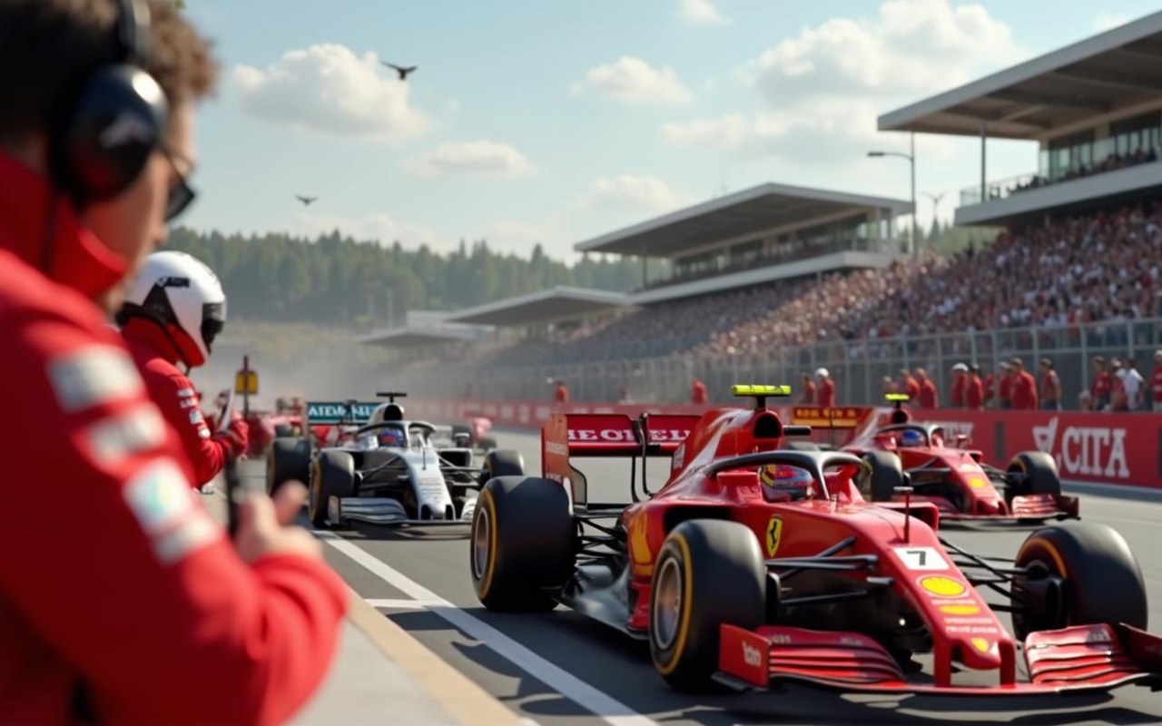 Frédéric Vasseur dirigeant une course de Formule 1 avec des Ferrari en arrière-plan.