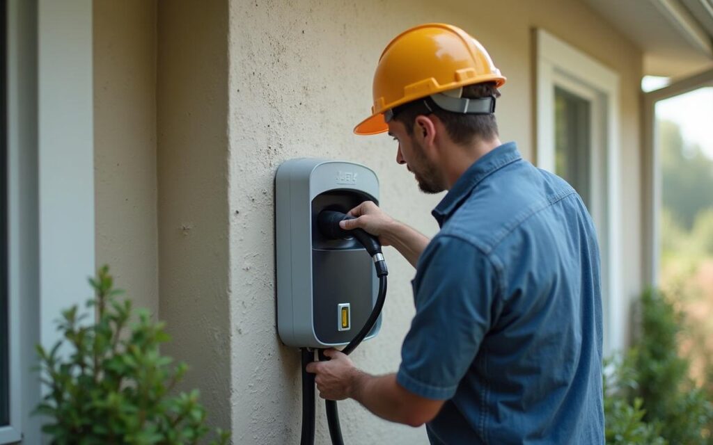 Installation d'une borne de recharge électrique sur une maison individuelle par un professionnel.