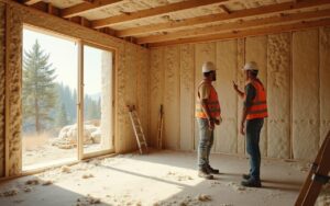 Chantier de construction avec des matériaux d'isolation durables comme la laine de bois et le chanvre.