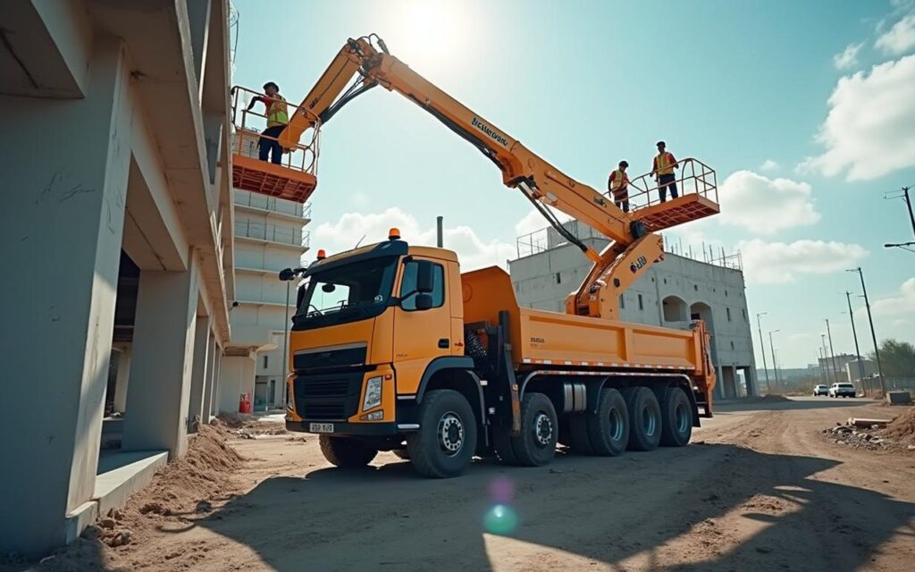 Camion nacelle en action sur un chantier pour des travaux en hauteur.