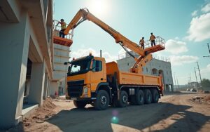 Camion nacelle en action sur un chantier pour des travaux en hauteur.