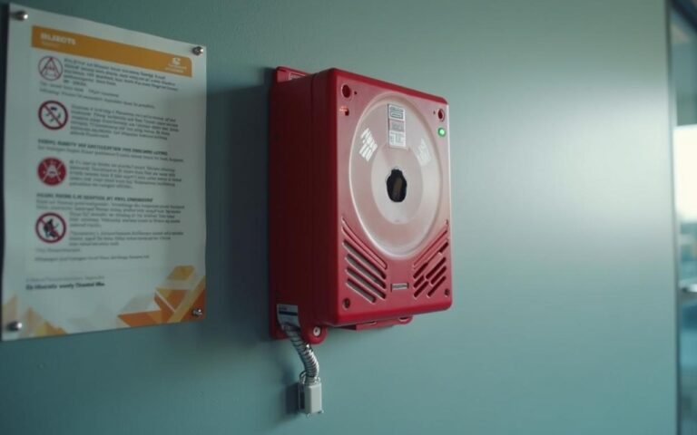Défibrillateur automatisé externe installé dans un environnement d'entreprise avec signalétique réglementaire.