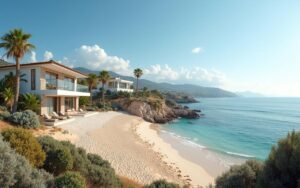 Maison en bord de mer abordable en Espagne, avec palmiers et plage de sable.