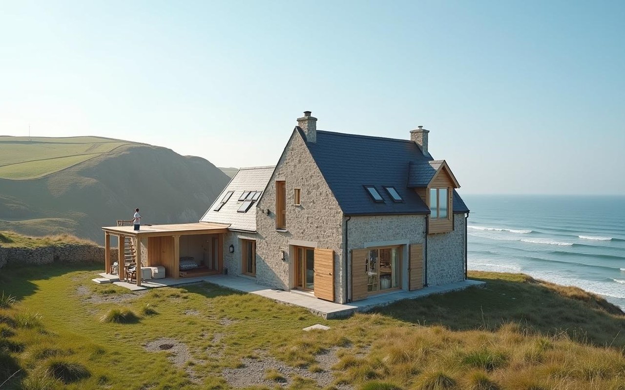 Maison à rénover en Normandie près de la plage, paysage côtier.