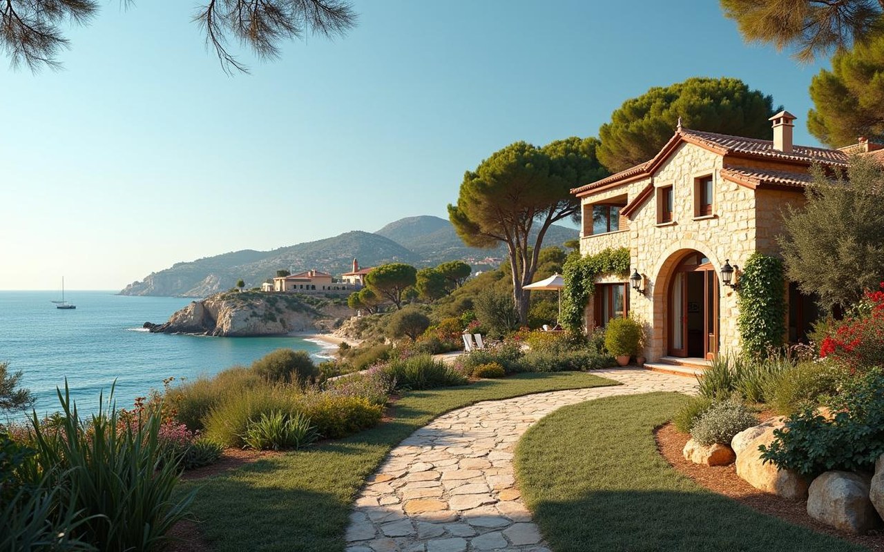 Maison traditionnelle espagnole en bord de mer sur la Costa Brava, jardin et architecture typique.