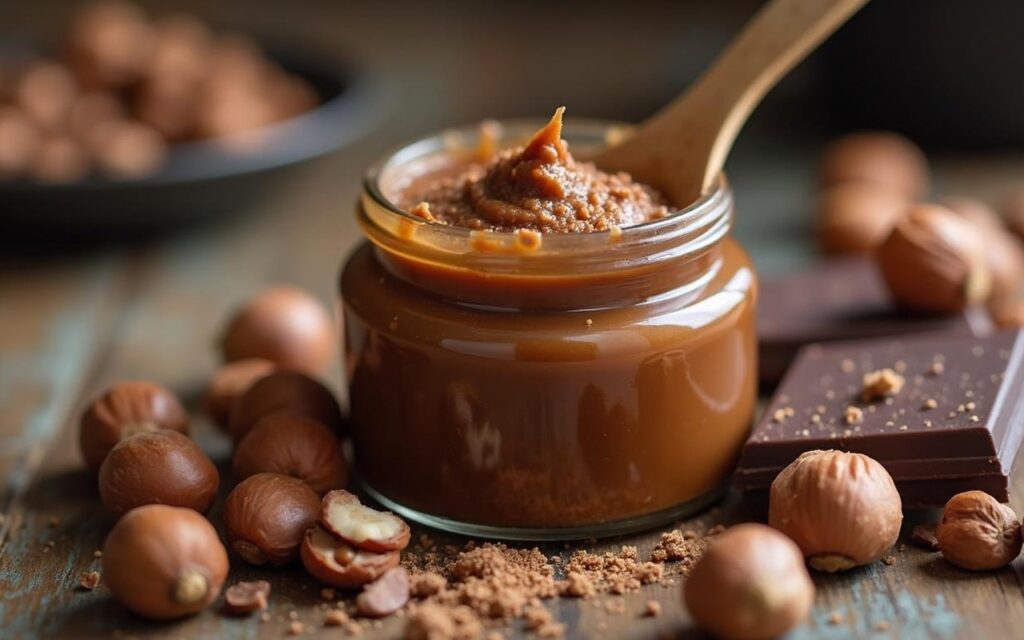 Pot de pâte à tartiner maison avec noisettes et chocolat en arrière-plan.