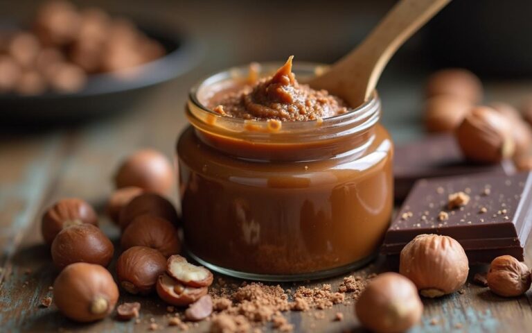 Pot de pâte à tartiner maison avec noisettes et chocolat en arrière-plan.