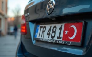 Plaque d'immatriculation turque avec le code TR sur un véhicule dans un paysage urbain.
