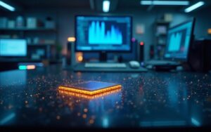 Laboratoire de recherche en informatique quantique avec une puce sur la table.