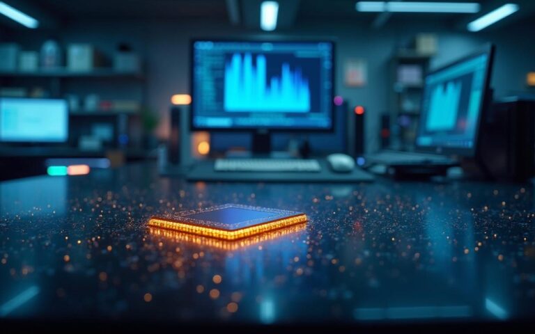 Laboratoire de recherche en informatique quantique avec une puce sur la table.