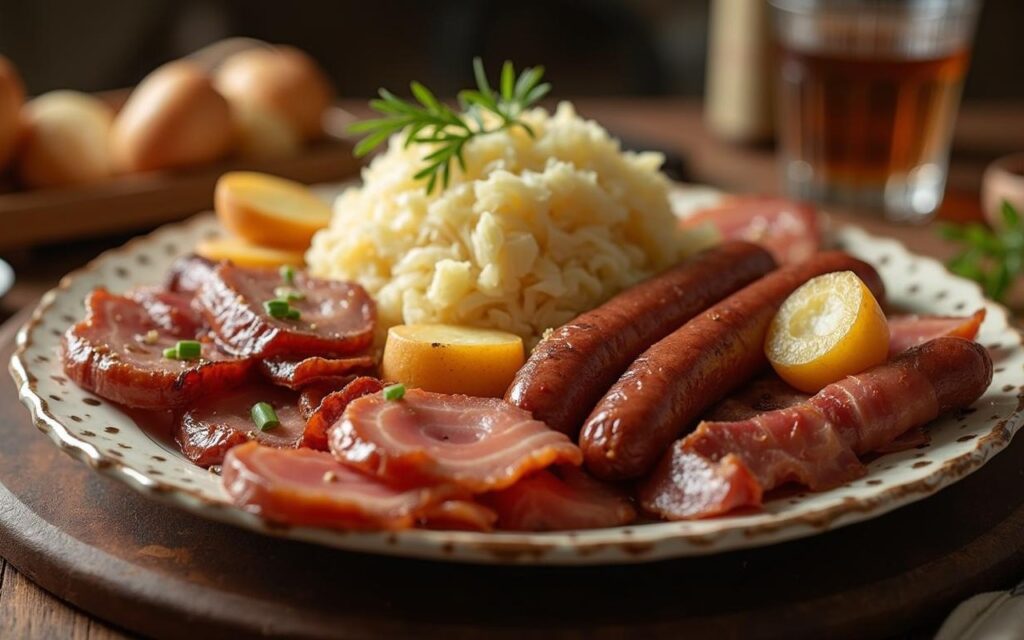 Assiette de choucroute garnie avec viandes et pommes de terre, traditionnelle alsacienne.