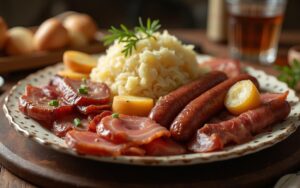 Assiette de choucroute garnie avec viandes et pommes de terre, traditionnelle alsacienne.