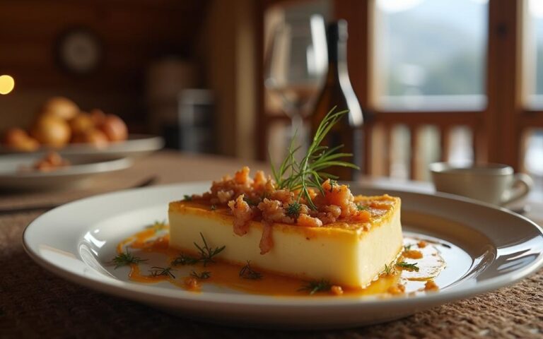 Plat de crozets savoyards avec reblochon et lardons dans un cadre montagnard.