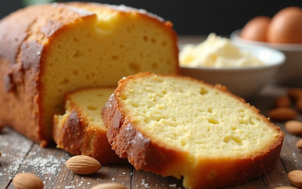 Gâteau pain de gênes tranché, révélant sa texture moelleuse et ses ingrédients sur un plan de travail en bois.
