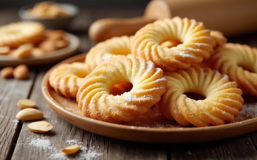 Tuiles aux amandes dorées sur une assiette en bois, avec des amandes effilées.