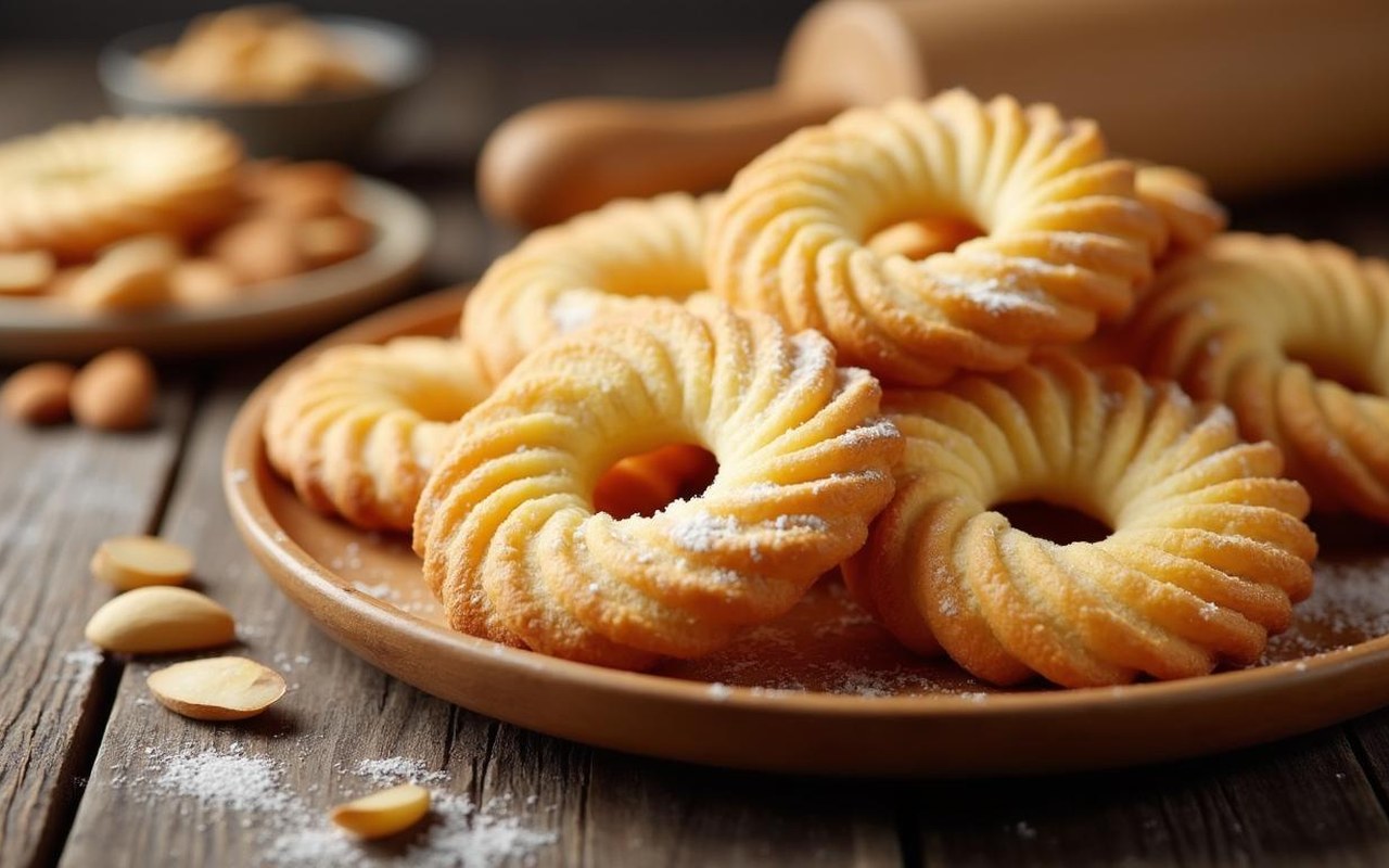 Tuiles aux amandes dorées sur une assiette en bois, avec des amandes effilées.