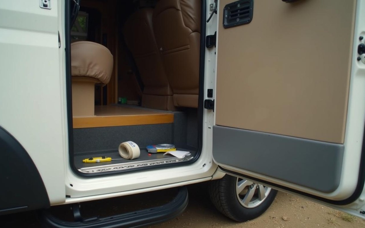 Remplacement du joint de porte d'un camping-car avec outils visibles.