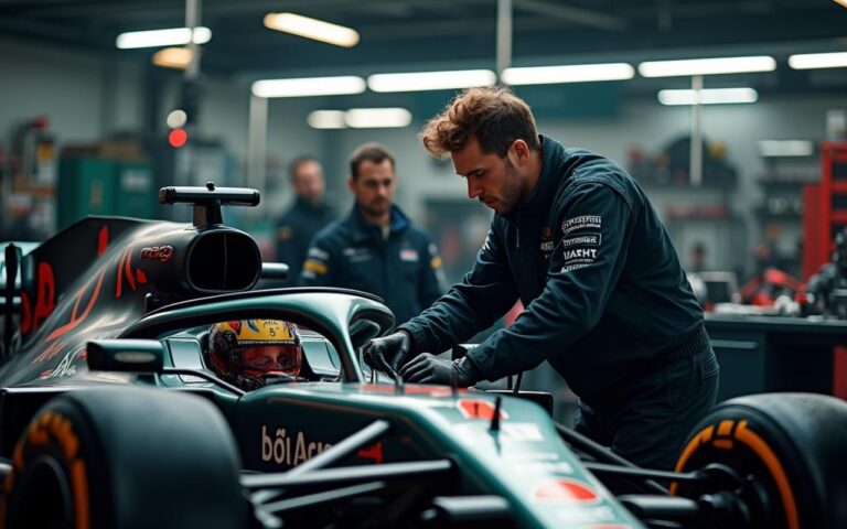 Mécanicien de Formule 1 travaillant sur une voiture dans un garage d'écurie.
