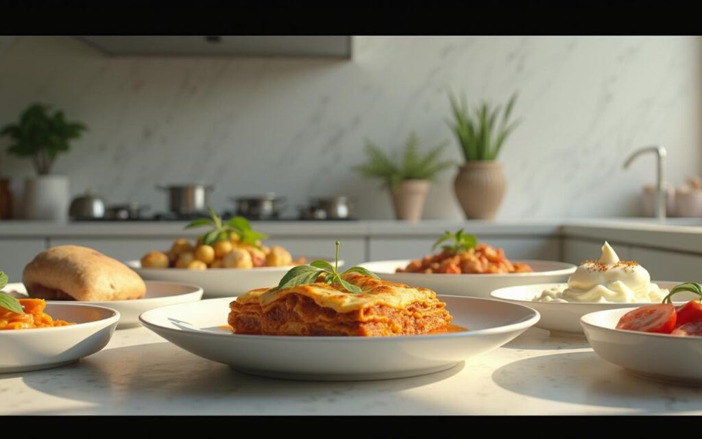 Plats variés préparés avec des substituts au cottage cheese dans une cuisine moderne.