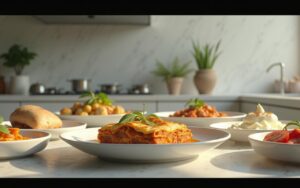 Plats variés préparés avec des substituts au cottage cheese dans une cuisine moderne.