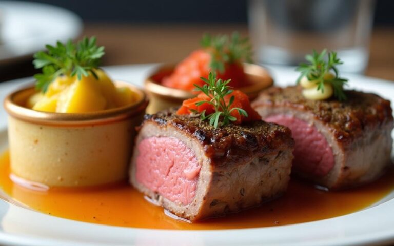 Tournedos Rossini avec trio de purées et légumes de saison, présentation élégante.