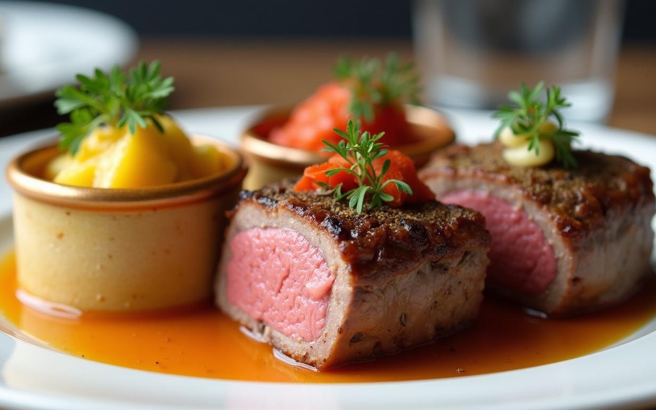 Tournedos Rossini avec trio de purées et légumes de saison, présentation élégante.