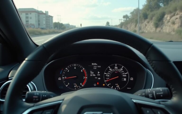 Voiture diesel moderne accélérant sur une route, illustrant un phénomène d'accélération incontrôlée.