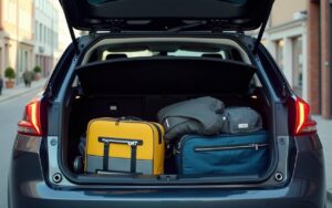 Coffre de Peugeot 308 ouvert avec des bagages et équipements de sport, illustrant sa capacité.