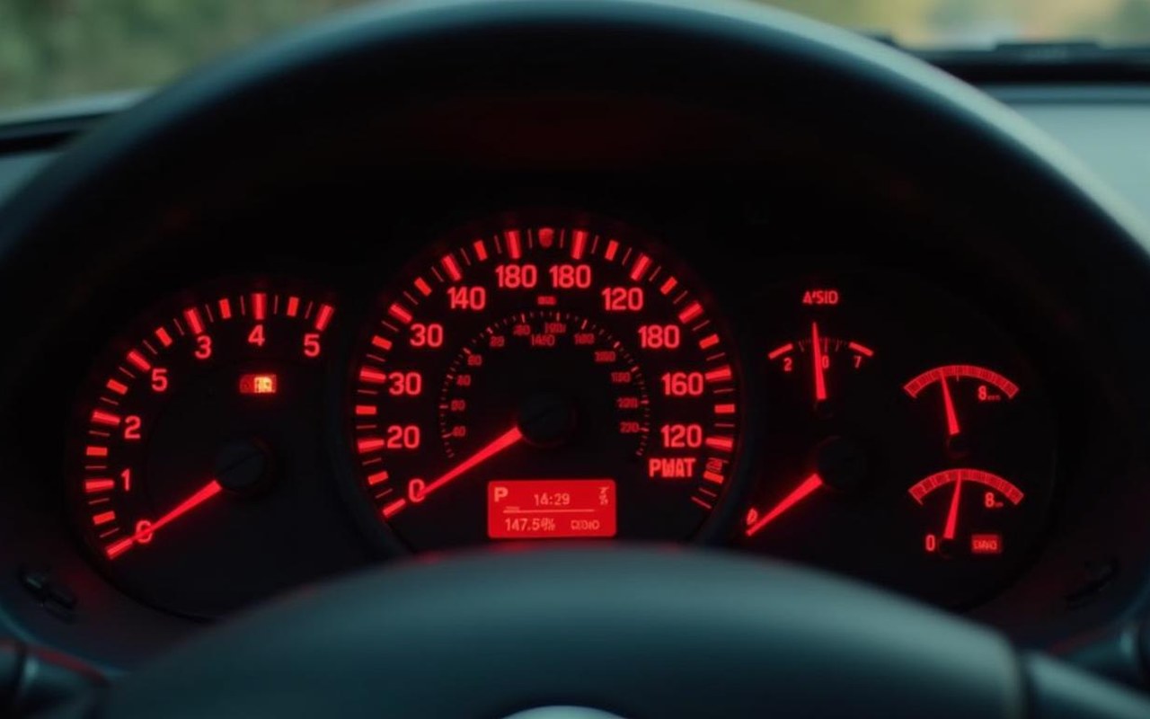 Tableau de bord d'une Peugeot 206 avec voyants rouges allumés, signalant une urgence mécanique.