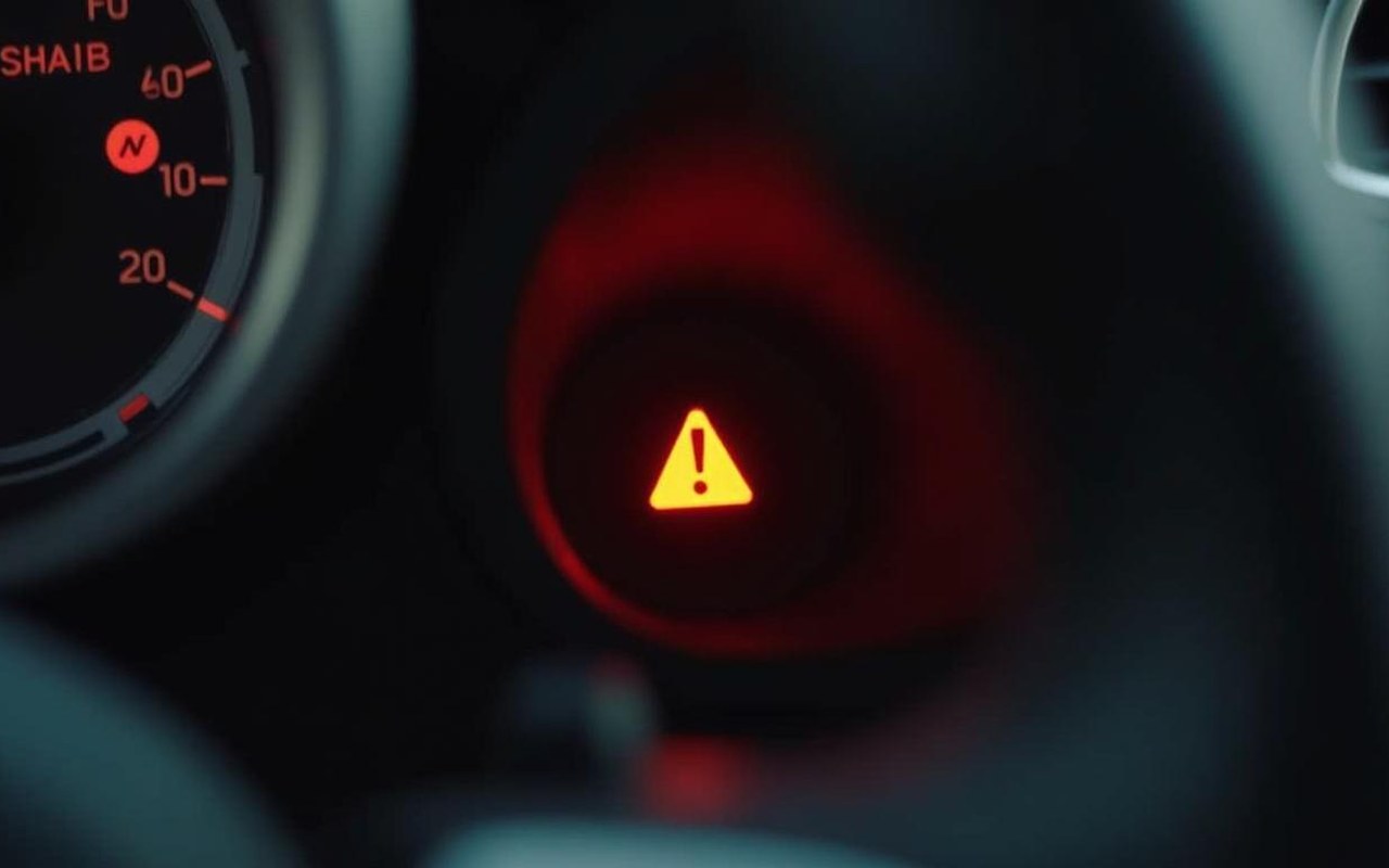 Tableau de bord Fiat 500 avec voyant triangle orange allumé, alerte d'anomalie système.