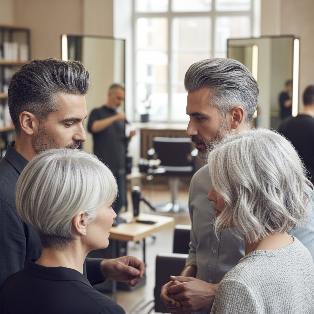 Illustration réaliste sur Coupes modernes pour cheveux gris : structure et caractère