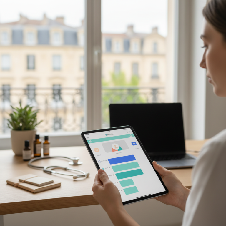 Illustration réaliste sur Doctolib Pro : agenda mobile pour pros bien-être