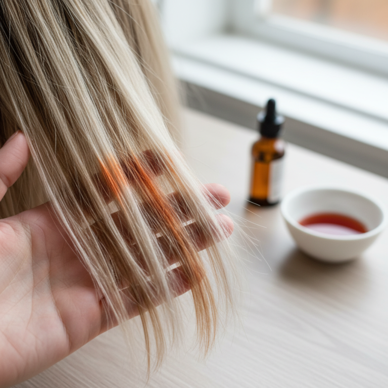 Illustration réaliste sur Effet Bétadine sur cheveux colorés : teinte temporaire et solutions