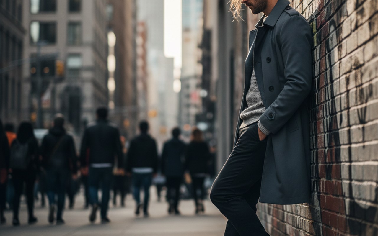 Homme avec cheveux longs en man bun dans un environnement urbain moderne.