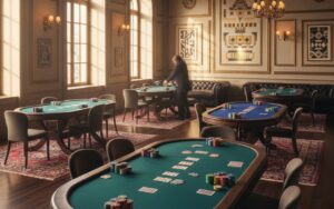 Ambiance de jeu inspirée d'un casino avec tapis, jetons et éclairage tamisé.