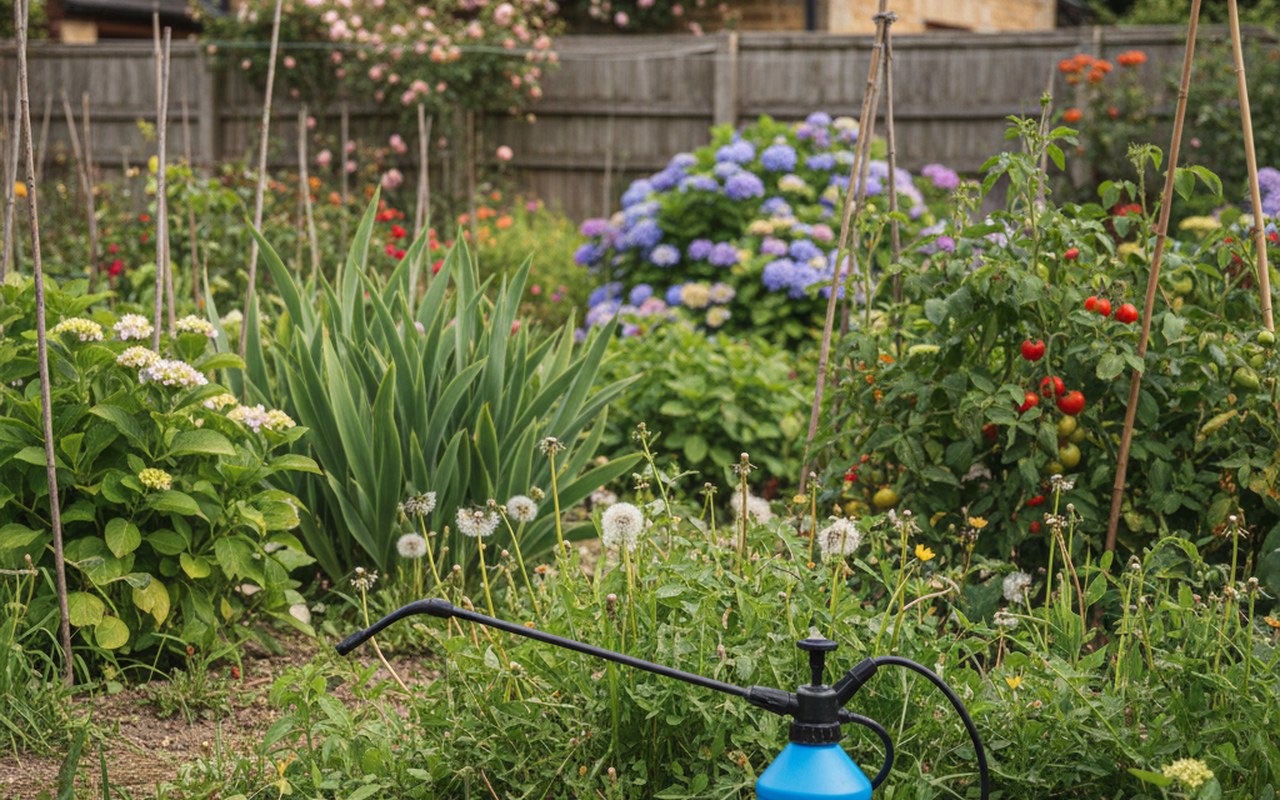 Jardin avec des mauvaises herbes et un pulvérisateur d'AdBlue à côté.