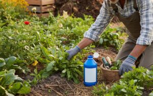 Un jardinier face à des mauvaises herbes avec un flacon d'AdBlue, illustrant un dilemme écologique.