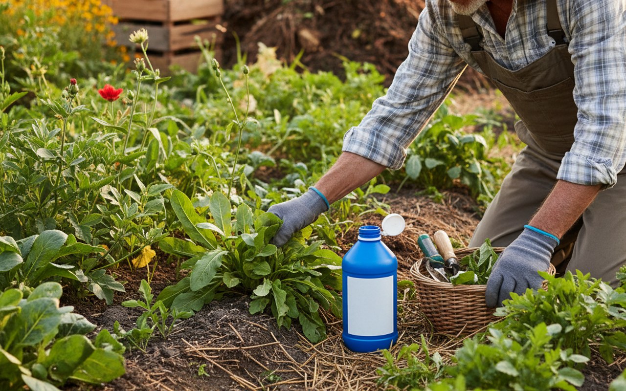Un jardinier face à des mauvaises herbes avec un flacon d'AdBlue, illustrant un dilemme écologique.
