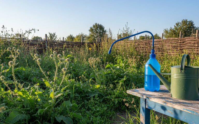 Application d'AdBlue comme désherbant dans un jardin avec des mauvaises herbes.