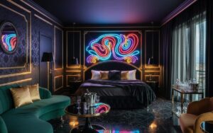 Intérieur d'une pièce décorée dans un style Las Vegas avec des couleurs audacieuses et un éclairage néon.