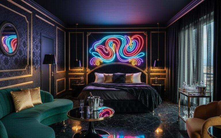 Intérieur d'une pièce décorée dans un style Las Vegas avec des couleurs audacieuses et un éclairage néon.