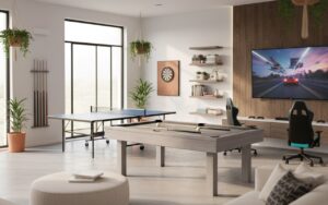 Salle de jeux familiale moderne avec billard et table de ping-pong