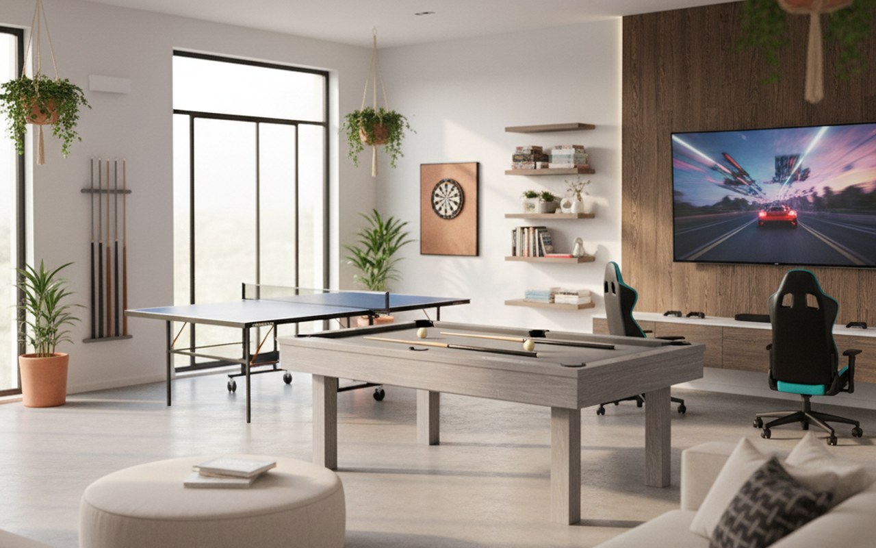 Salle de jeux familiale moderne avec billard et table de ping-pong