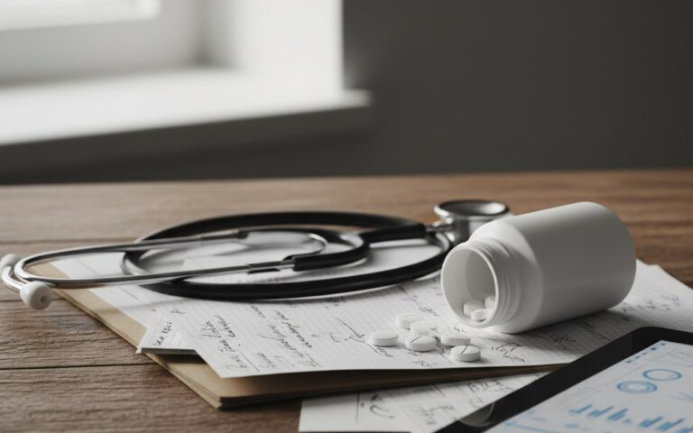 Flacon de Levothyrox avec comprimés et notes médicales sur une table.