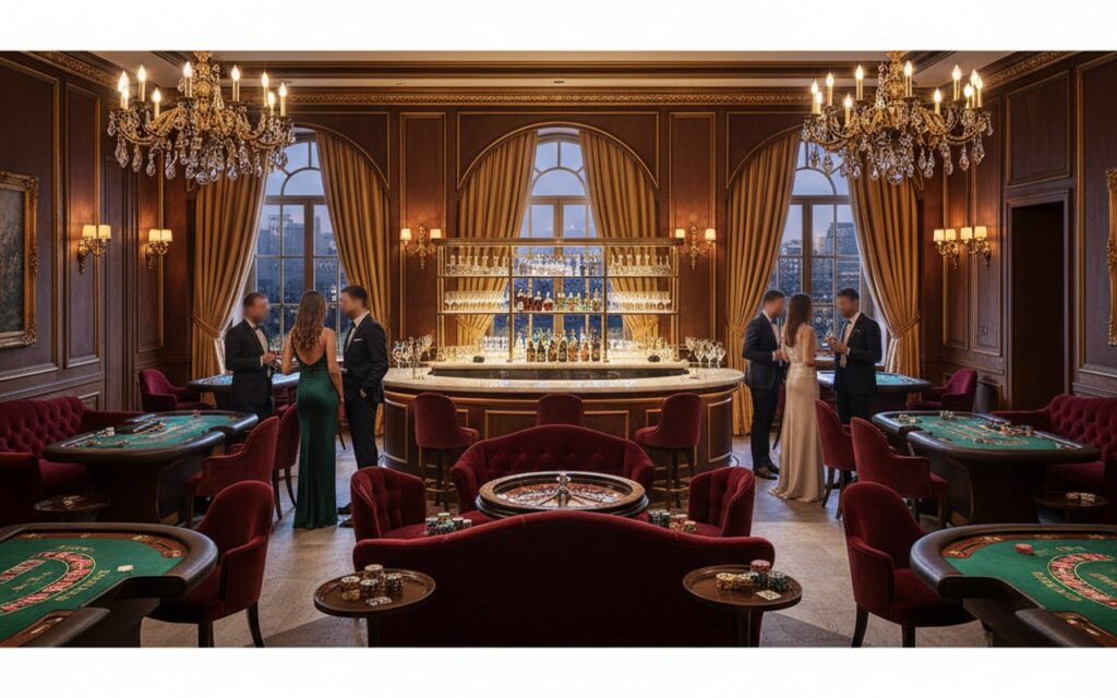 Salle de réception chic pour une soirée casino avec décoration élégante et ambiance glamour.